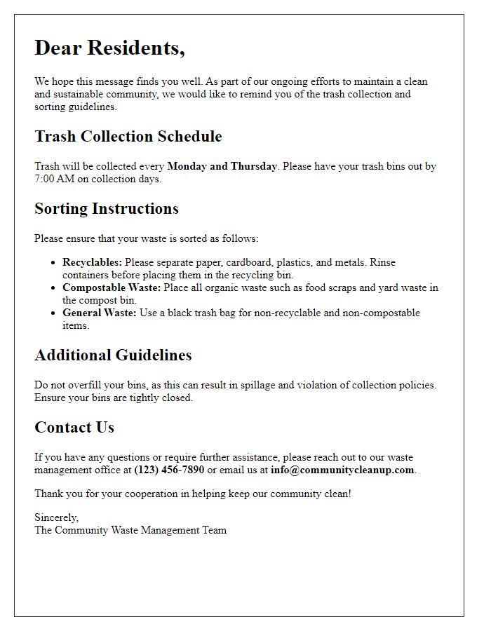 Letter template of trash collection and sorting instructions for residents.