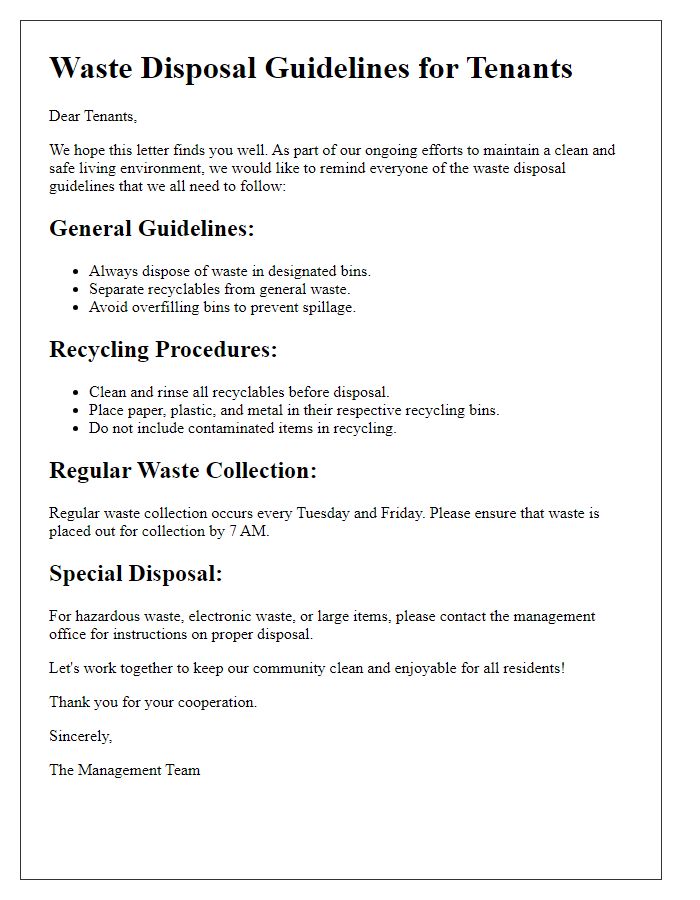 Letter template of waste disposal guidelines for tenants.