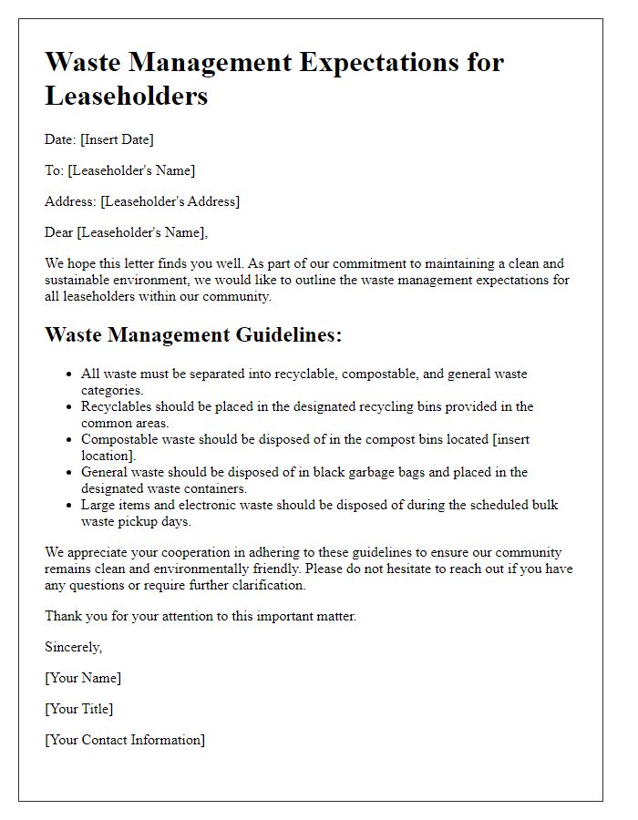 Letter template of waste management expectations for leaseholders.