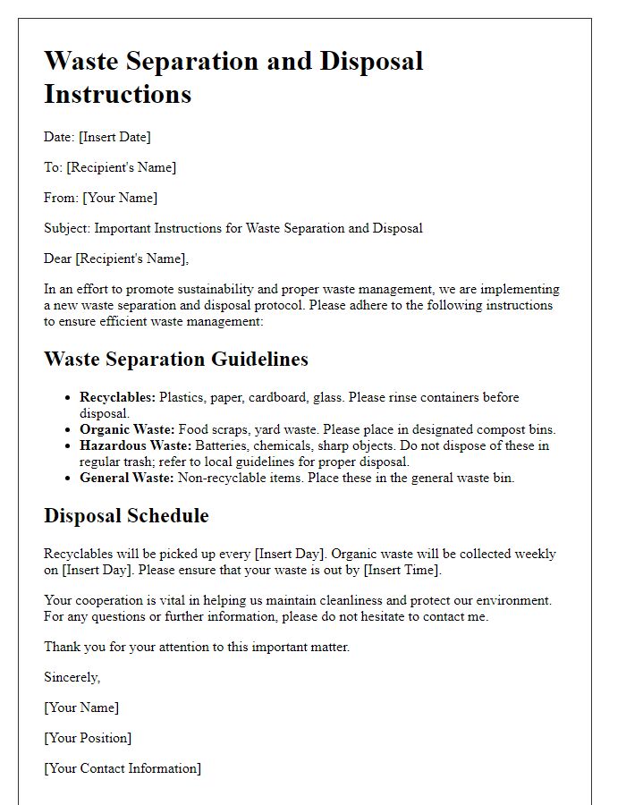 Letter template of waste separation and disposal instructions.