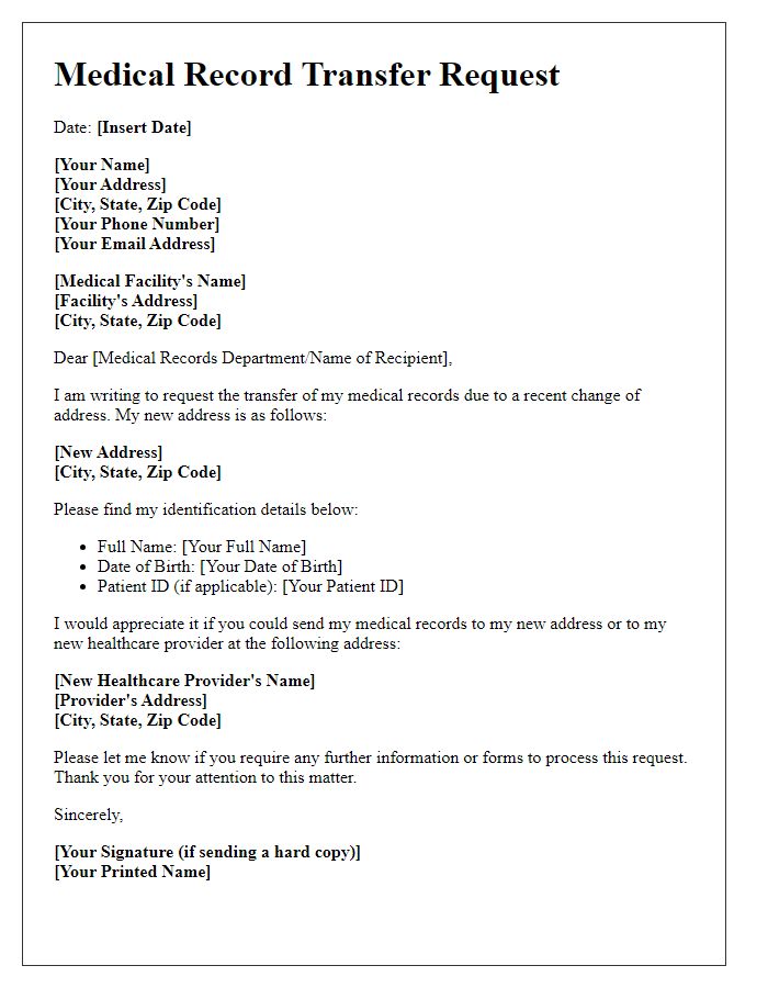 Letter template of medical record transfer request for a change of address.