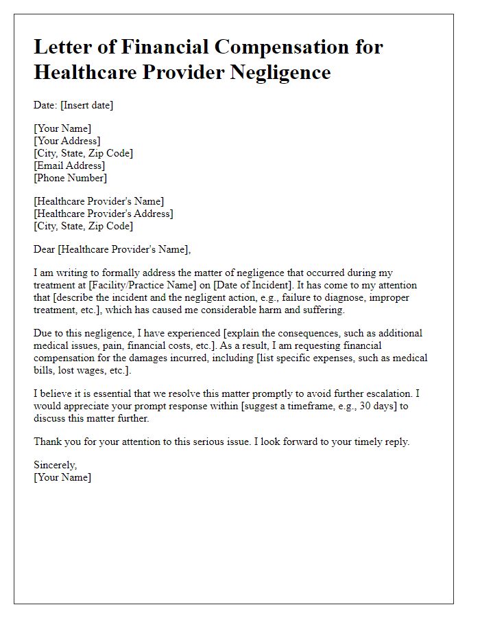 Letter template of healthcare provider negligence for financial compensation