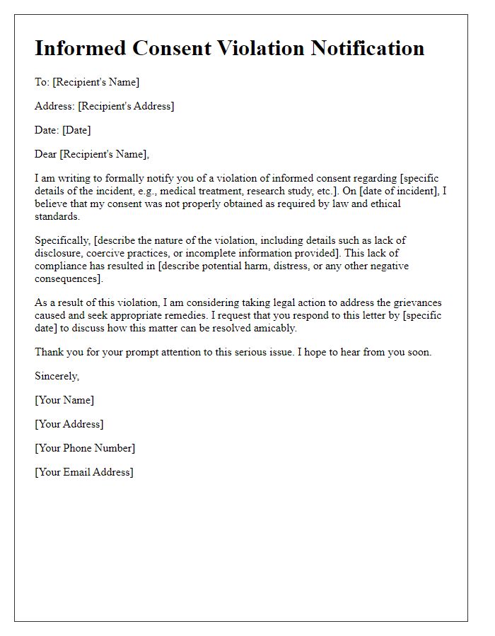 Letter template of informed consent violation for legal action