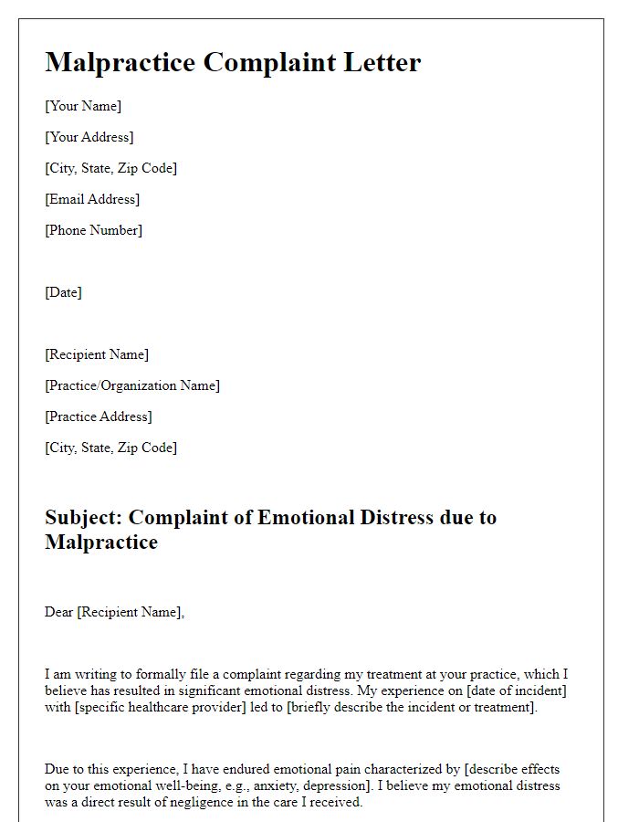 Letter template of malpractice complaint for emotional distress