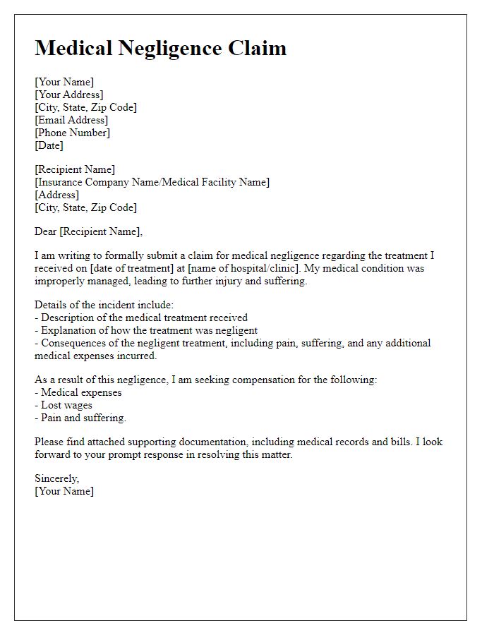 Letter template of medical negligence claim for personal injury