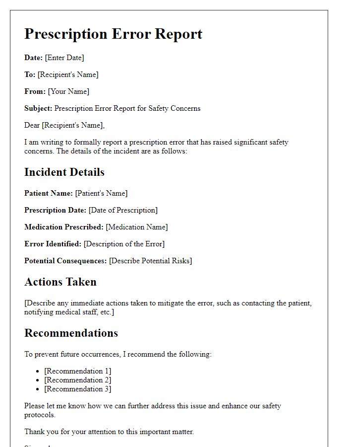 Letter template of prescription error report for safety concerns