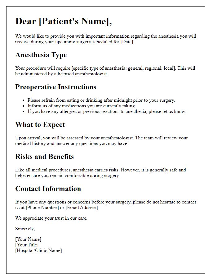 Letter template of anesthesia information for surgical patients