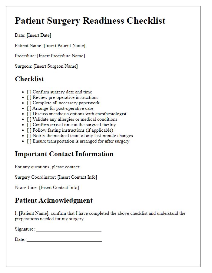 Letter template of patient surgery readiness checklist