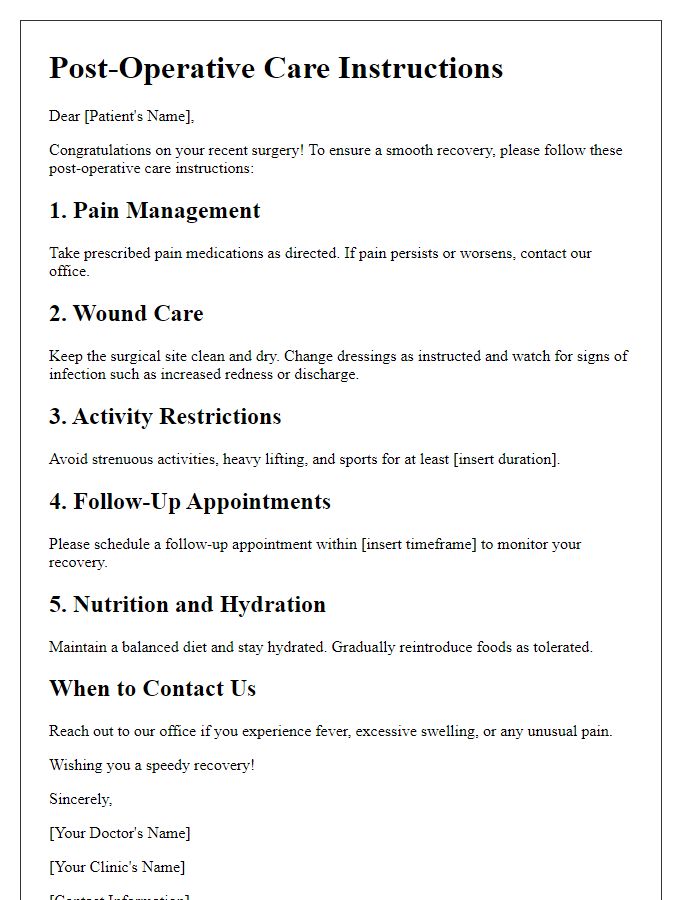 Letter template of post-operative care instructions for patients