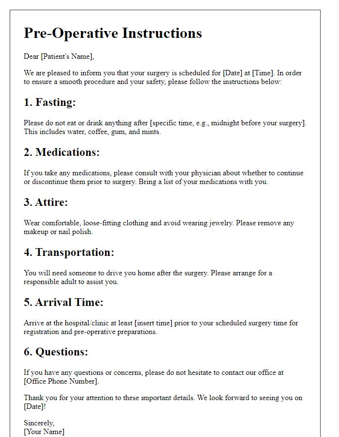 Letter template of pre-operative instructions for patients