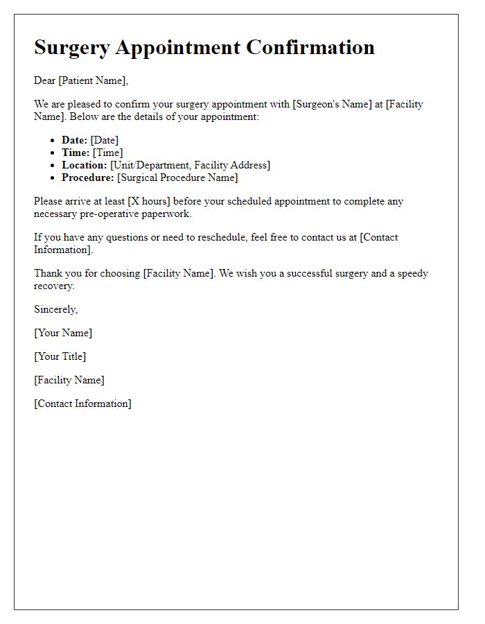 Letter template of surgery appointment confirmation for patients