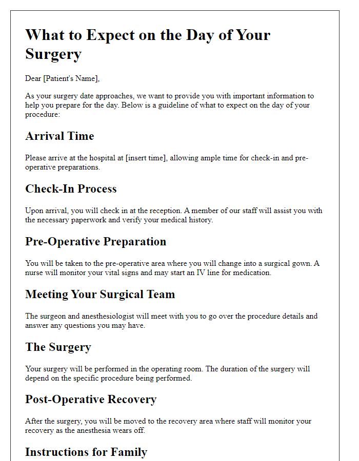 Letter template of what to expect on the day of surgery for patients