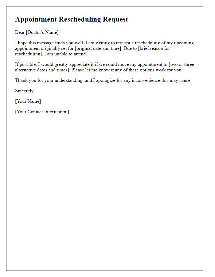 Letter template of appointment rescheduling request for a doctors visit