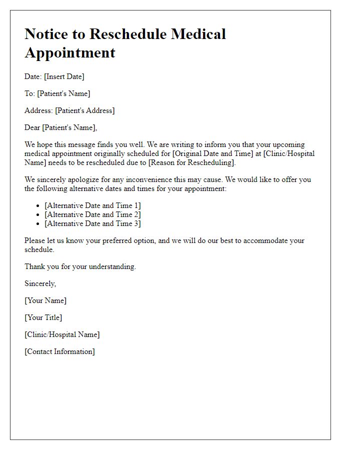 Letter template of notice to reschedule a medical appointment