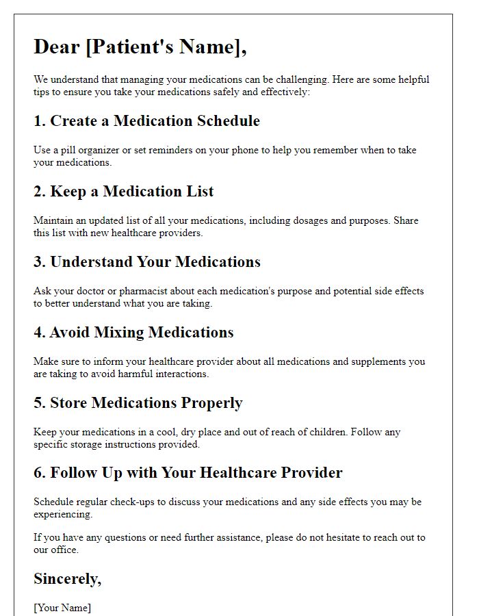 Letter template of patient medication management tips