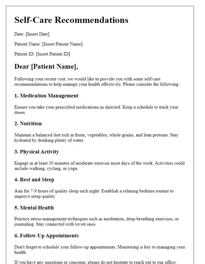 Letter template of patient self-care recommendations