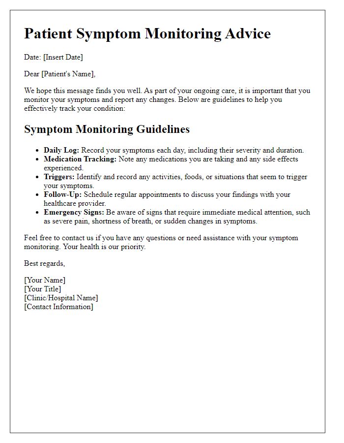 Letter template of patient symptom monitoring advice