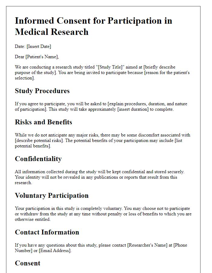 Letter template of medical research participation consent for patients.