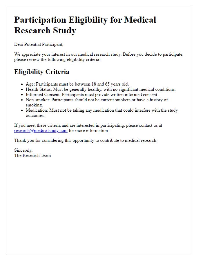 Letter template of medical research participation eligibility criteria for potential participants.