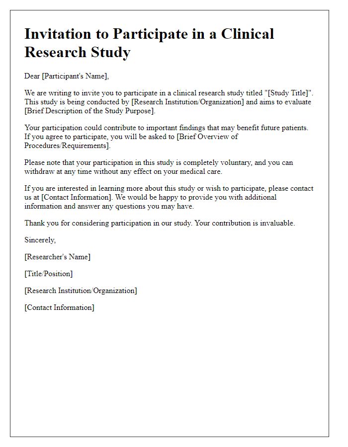 Letter template of medical research participation recruitment for clinical trials.