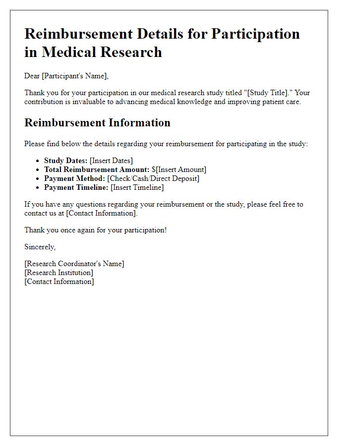 Letter template of medical research participation reimbursement details for subjects.