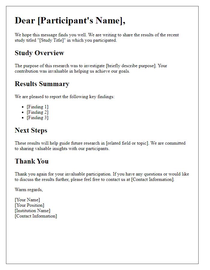 Letter template of medical research participation results sharing for previously involved subjects.