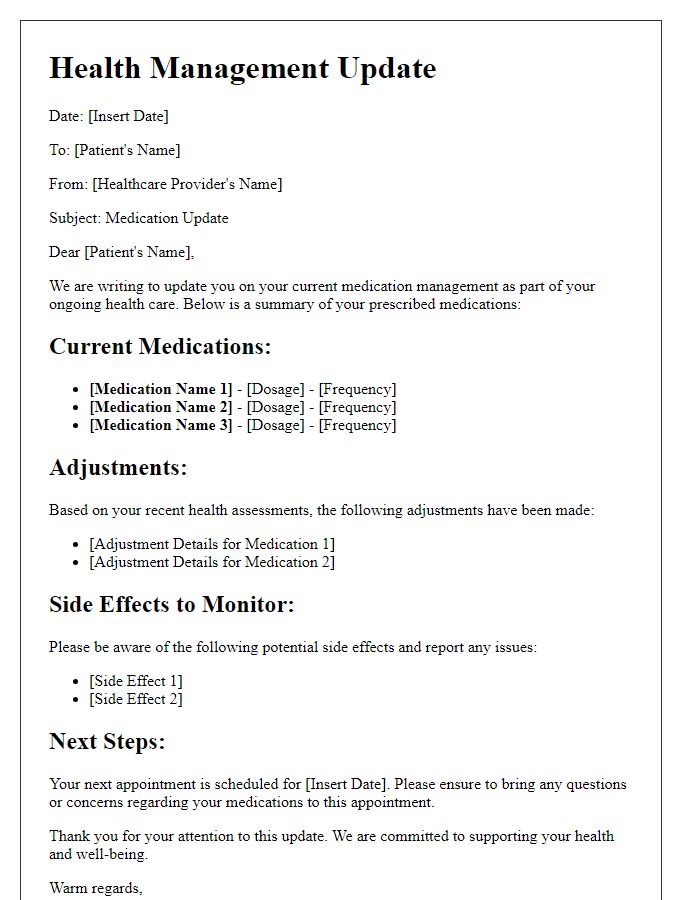 Letter template of health management update regarding medications