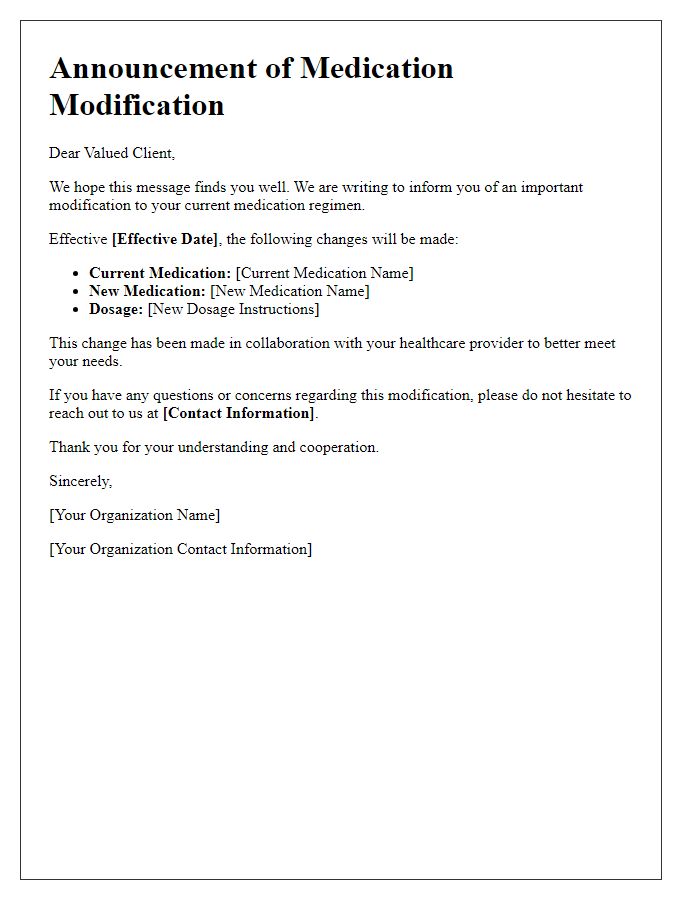 Letter template of medication modification announcement for clientele