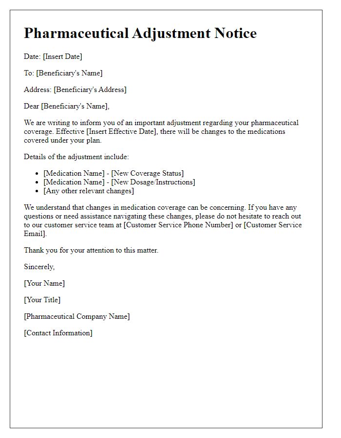 Letter template of pharmaceutical adjustment notice for beneficiaries