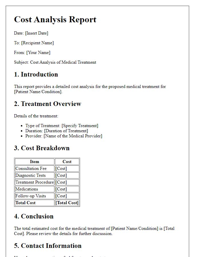 Letter template of cost analysis for medical treatment