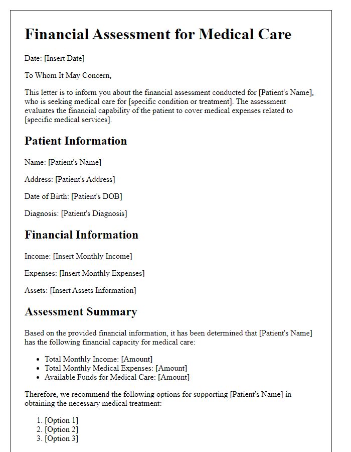 Letter template of financial assessment for medical care