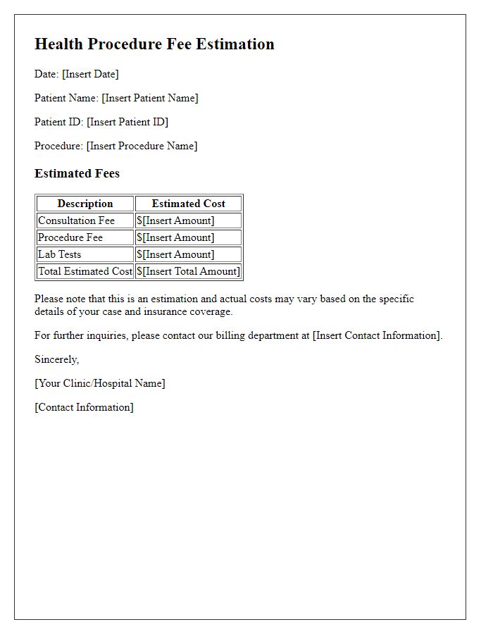 Letter template of health procedure fee estimation