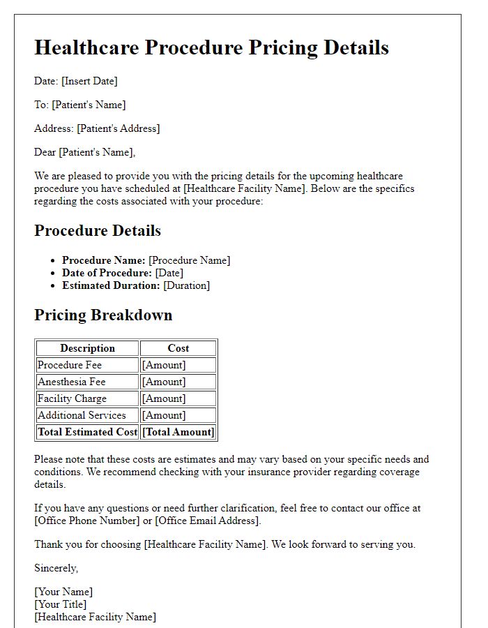 Letter template of healthcare procedure pricing details