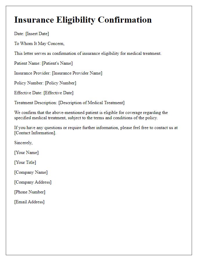 Letter template of insurance eligibility confirmation for medical treatment