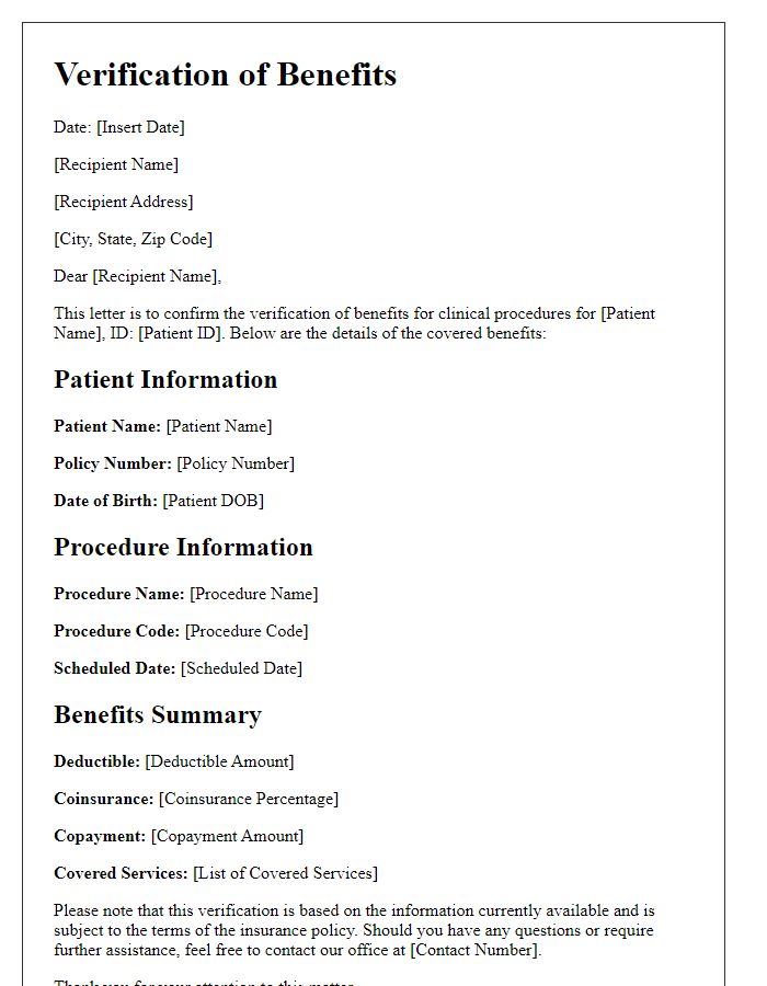 Letter template of verification of benefits for clinical procedures