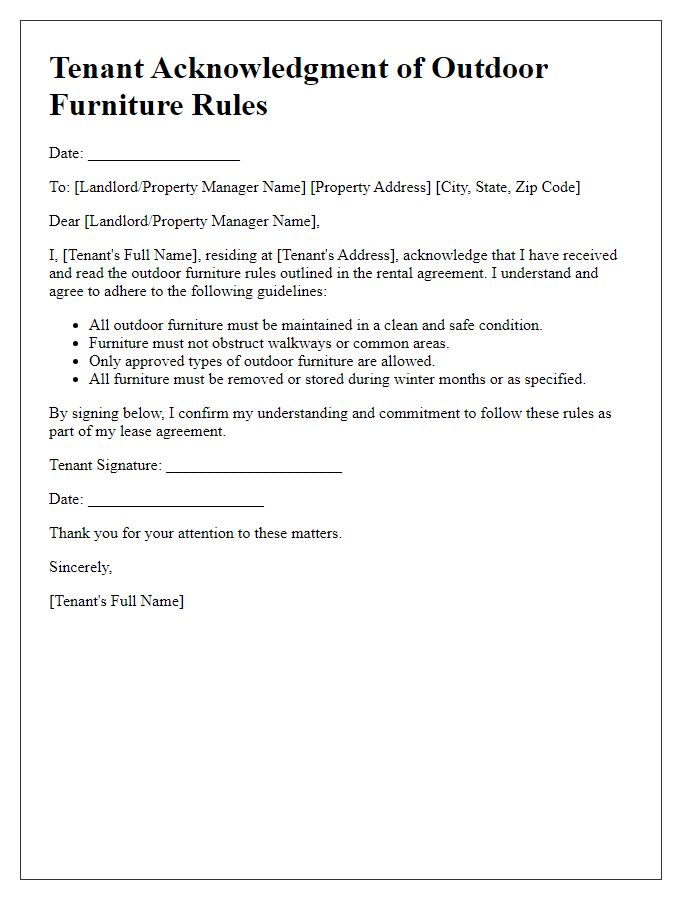 Letter template of tenant acknowledgment of outdoor furniture rules