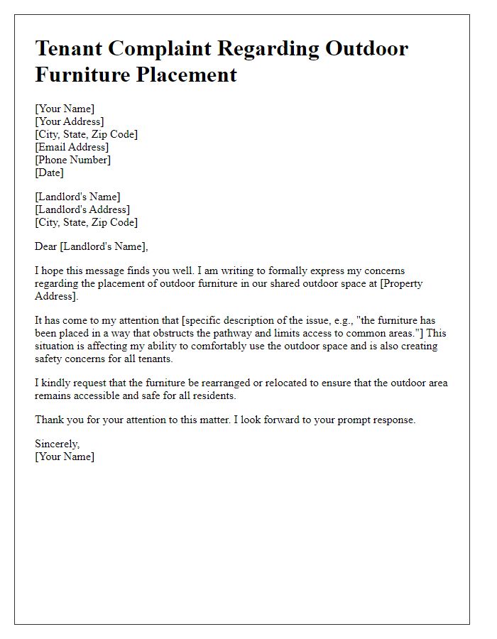 Letter template of tenant complaint regarding outdoor furniture placement