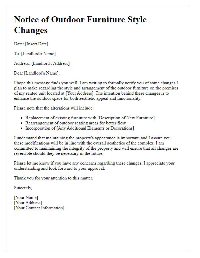 Letter template of tenant notice on outdoor furniture style changes