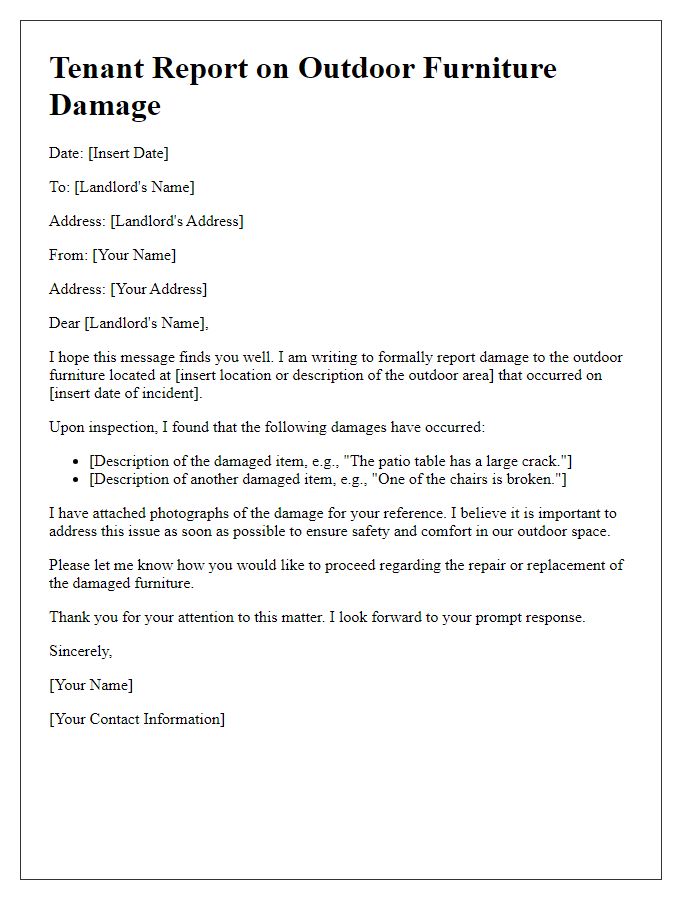 Letter template of tenant report on outdoor furniture damage