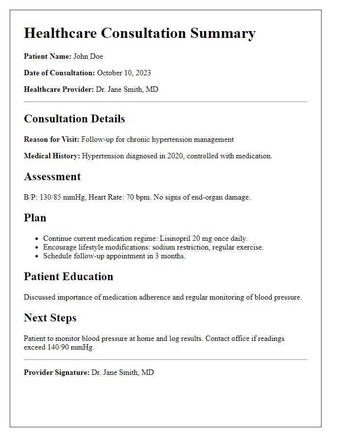 Letter template of healthcare consultation summary for chronic condition management.