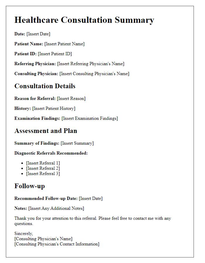 Letter template of healthcare consultation summary for diagnostic referrals.