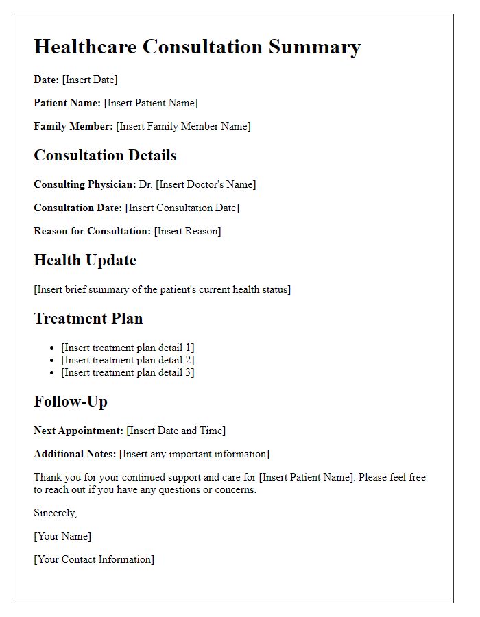 Letter template of healthcare consultation summary for family member updates.