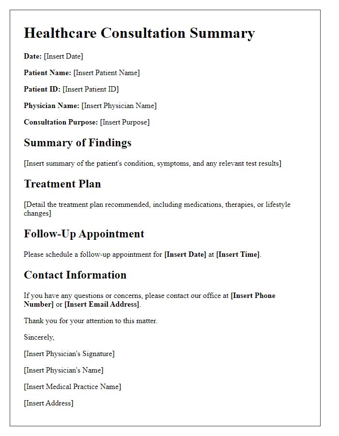 Letter template of healthcare consultation summary for follow-up appointments.