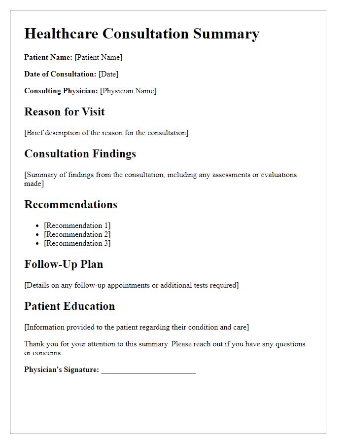 Letter template of healthcare consultation summary for patient education.