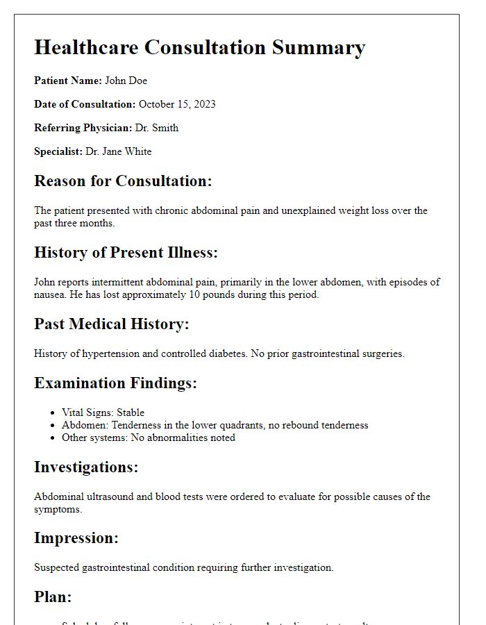 Letter template of healthcare consultation summary for specialists.