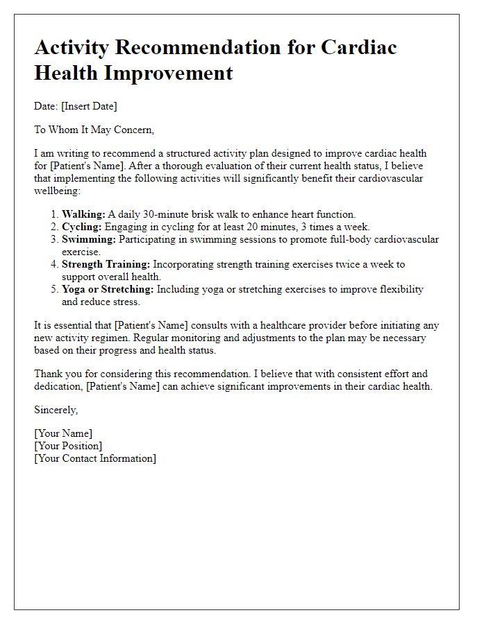 Letter template of activity recommendation for cardiac health improvement.