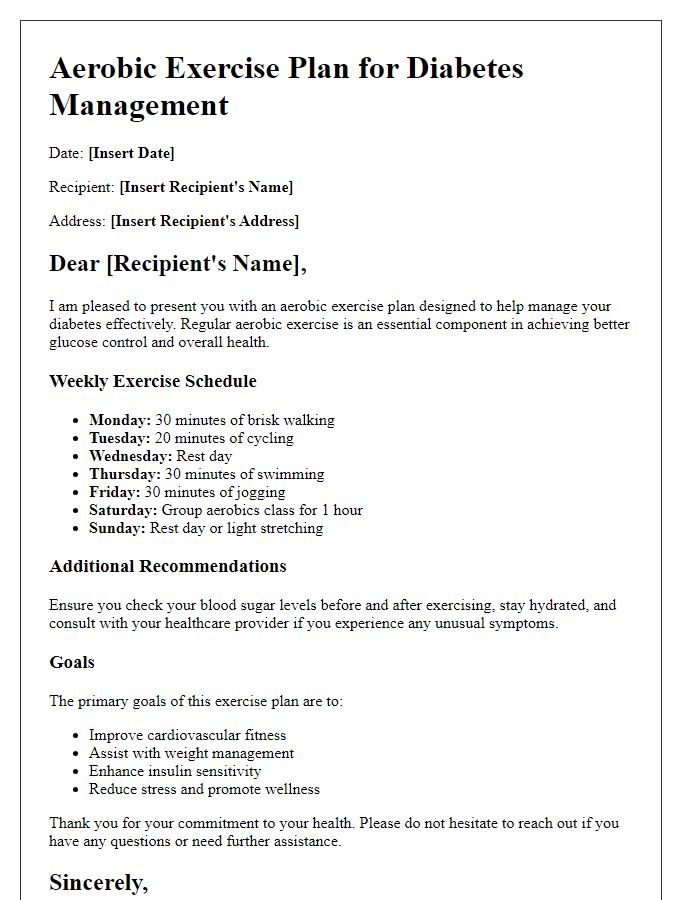 Letter template of aerobic exercise plan for diabetes management.