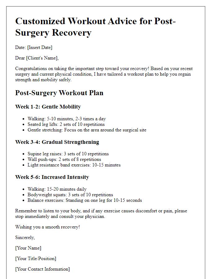 Letter template of customized workout advice for post-surgery recovery.