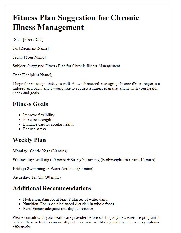 Letter template of fitness plan suggestion for chronic illness management.