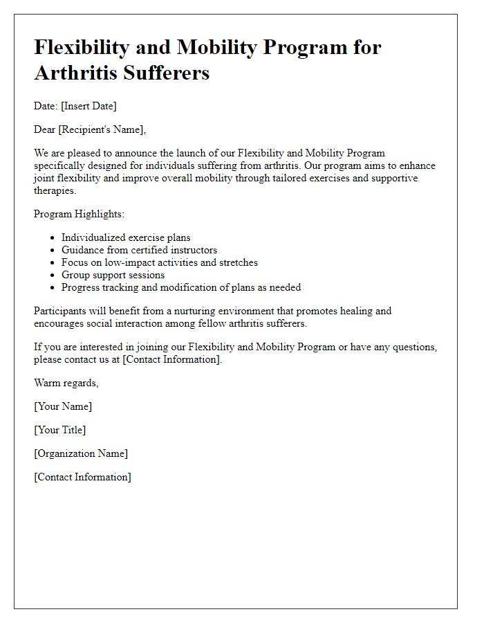 Letter template of flexibility and mobility program for arthritis sufferers.